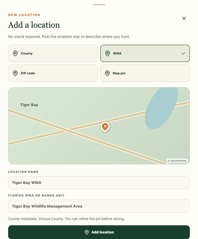 Big Game Data location form with Tiger Bay WMA selected on a map