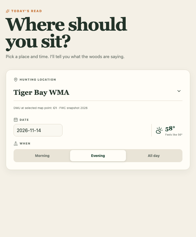 Big Game Data controls showing Tiger Bay WMA, a November date, and an evening sit